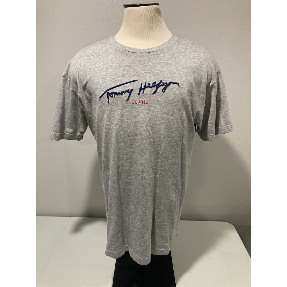 Vintage‎ 90s Tommy Hilfiger Jeans Script Signature Embroidered Shirt Mens L Gray